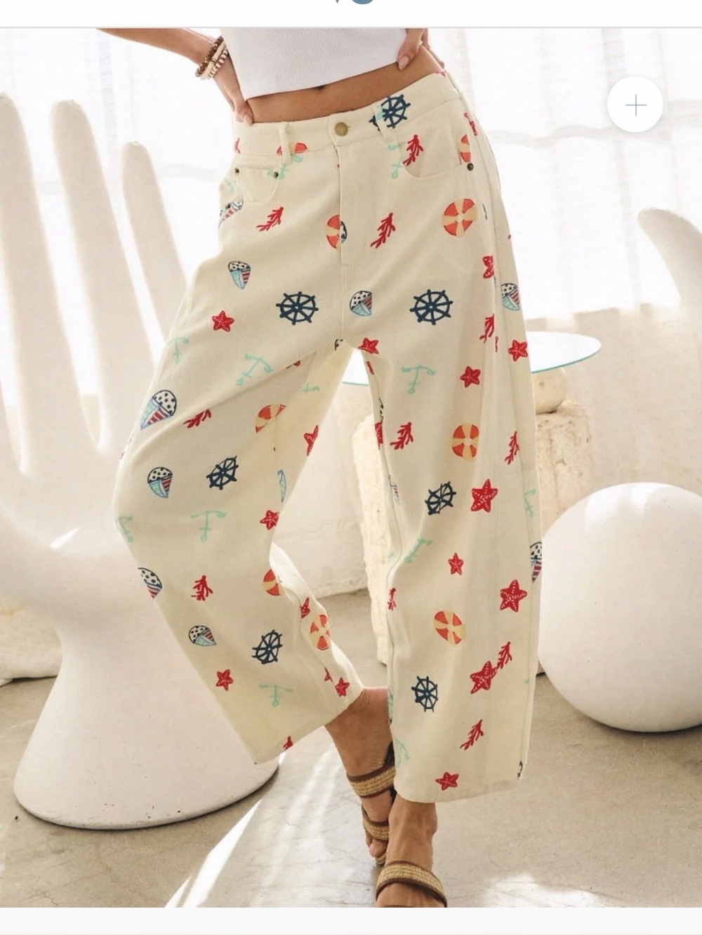 NWT Oddi Cream Nautical Barrel Leg Denim Coastal Print Wide-Leg Pants Size L